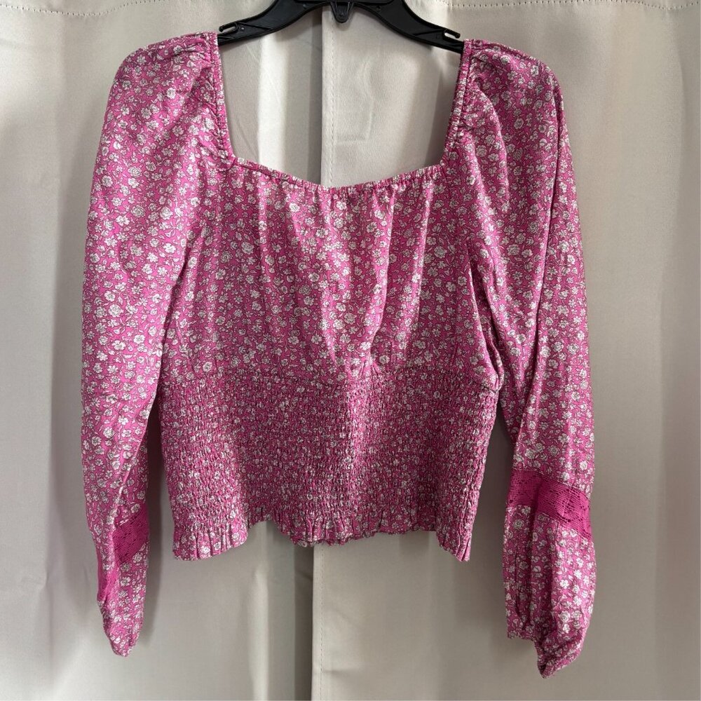 American Eagle Top Medium Pink Ditsy Floral Crop Puff Sleeve Peasant Y2K 18062x - Picture 2 of 8